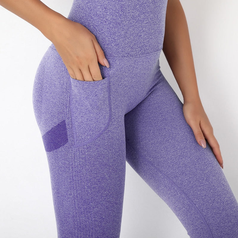 One Piece Rompers Yoga Set Women Gym Clothes Fitness Workout Set Seamless Pocket Leggings Sleeveless Sportswear Sports Suits