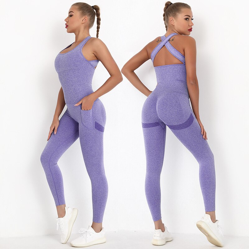 One Piece Rompers Yoga Set Women Gym Clothes Fitness Workout Set Seamless Pocket Leggings Sleeveless Sportswear Sports Suits